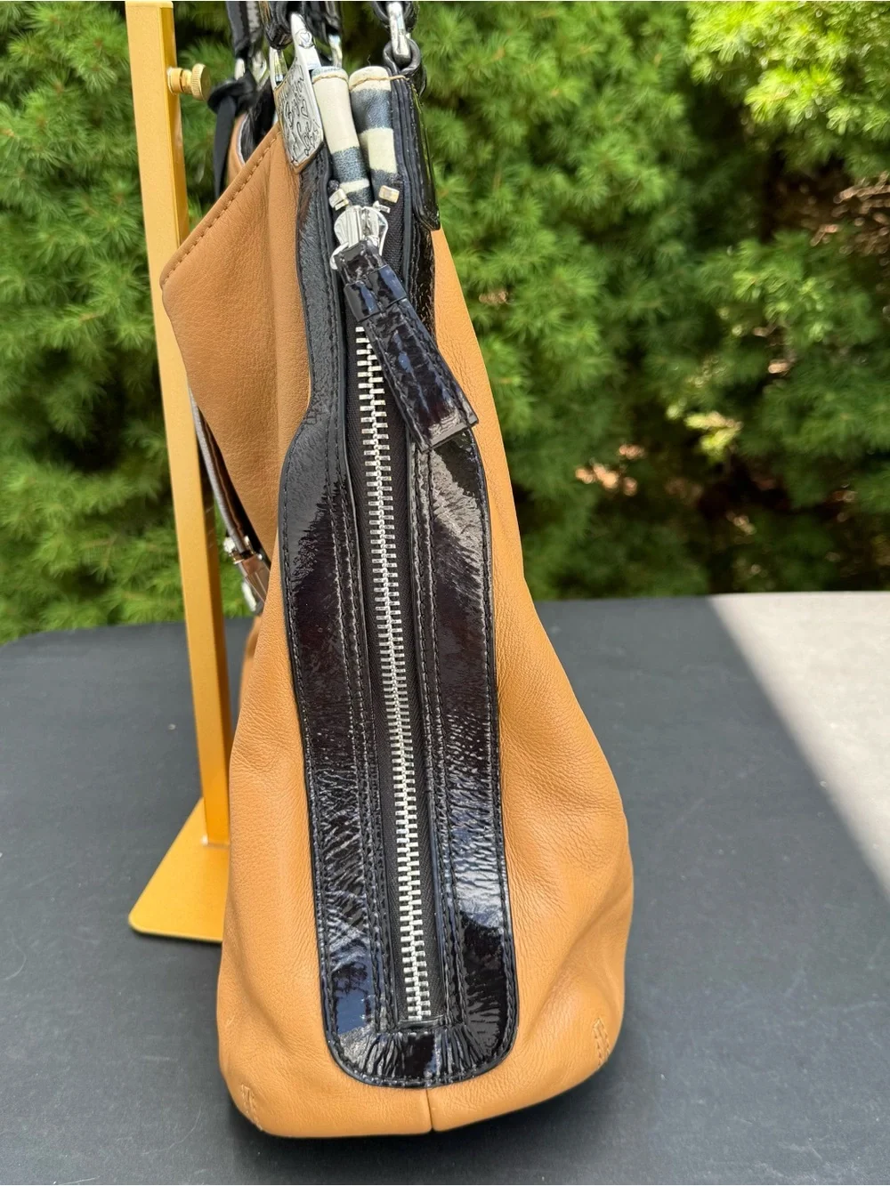 Brighton Fashionista City Block Dovima Two-Tone Tan and Black Leather Hobo Bag